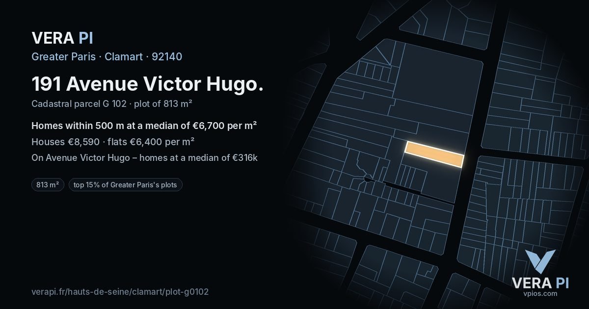191 Avenue Victor Hugo, Clamart at night – the plot lit, the parcels around coloured by the prices near them