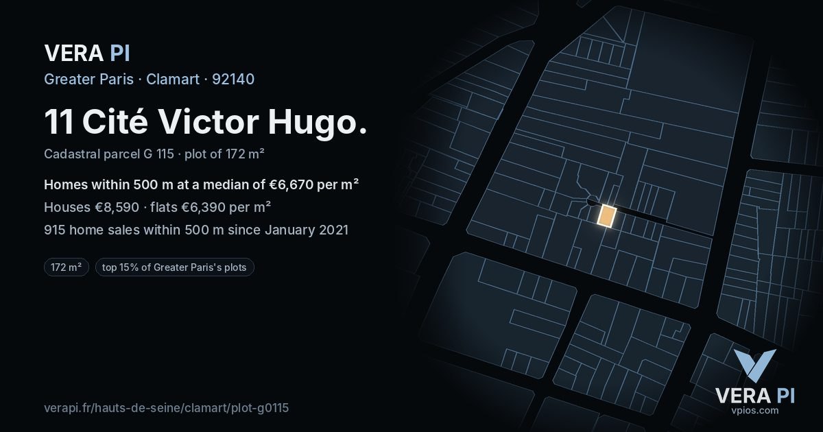 11 Cité Victor Hugo, Clamart at night – the plot lit, the parcels around coloured by the prices near them