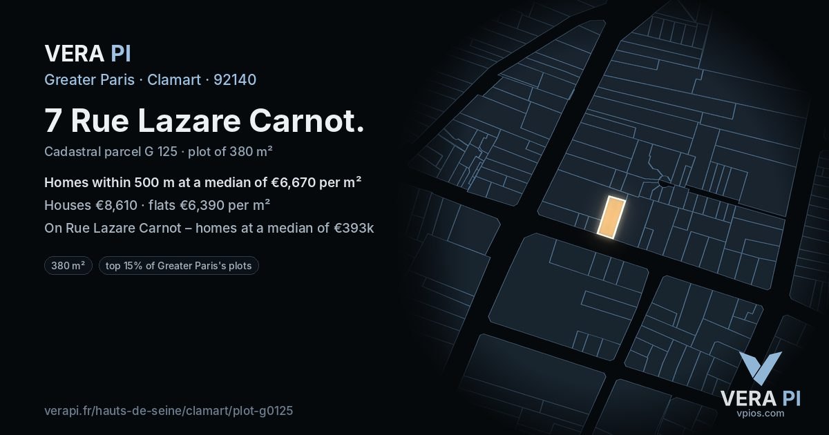 7 Rue Lazare Carnot, Clamart at night – the plot lit, the parcels around coloured by the prices near them