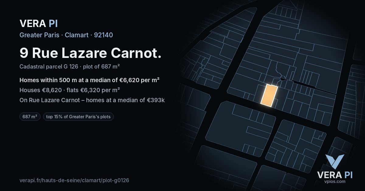 9 Rue Lazare Carnot, Clamart at night – the plot lit, the parcels around coloured by the prices near them