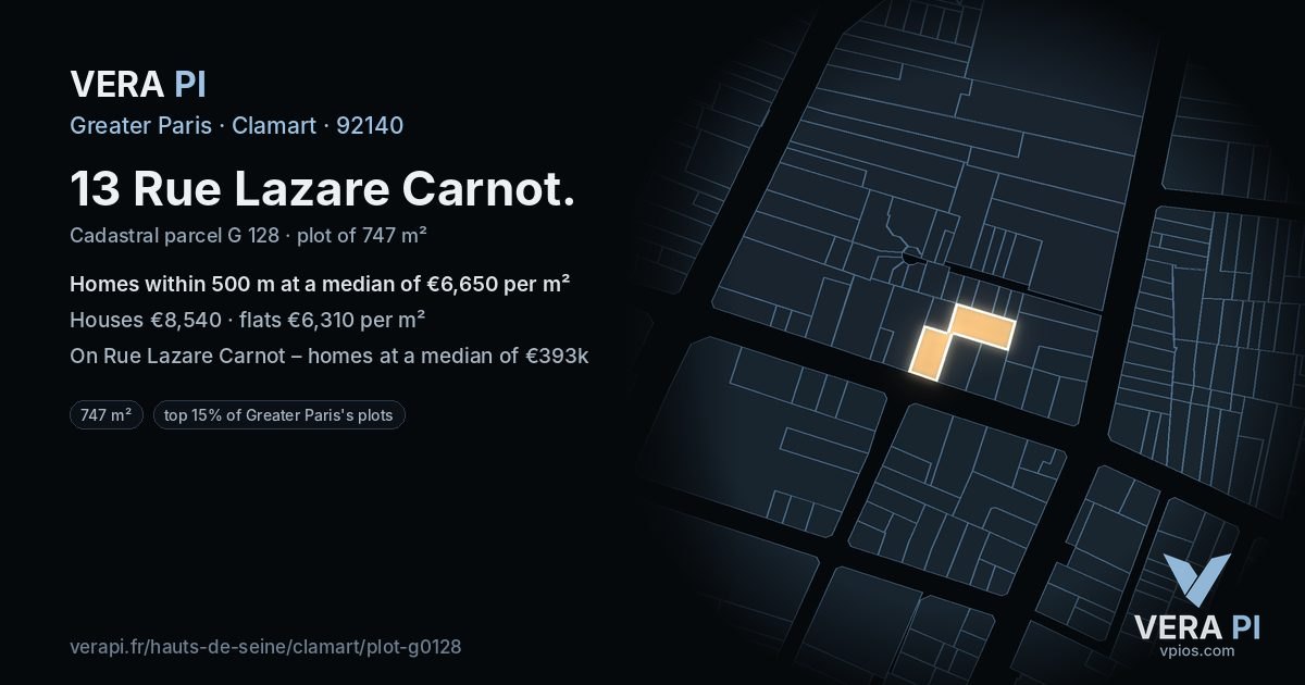 13 Rue Lazare Carnot, Clamart at night – the plot lit, the parcels around coloured by the prices near them