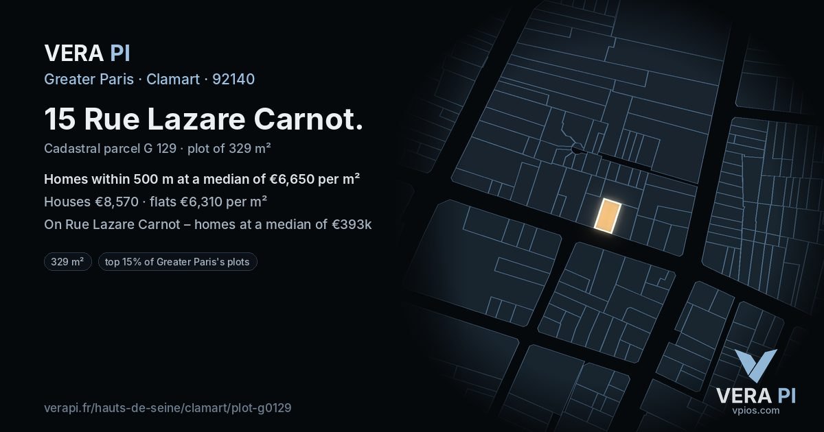 15 Rue Lazare Carnot, Clamart at night – the plot lit, the parcels around coloured by the prices near them