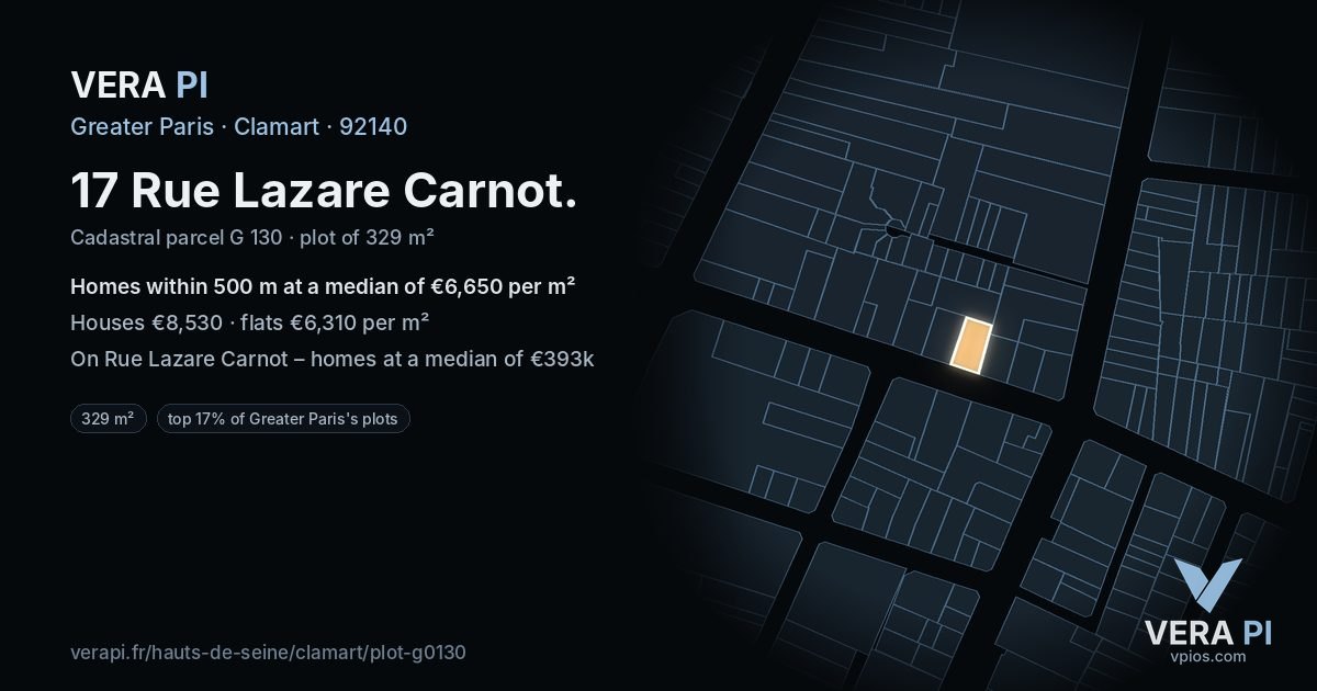 17 Rue Lazare Carnot, Clamart at night – the plot lit, the parcels around coloured by the prices near them
