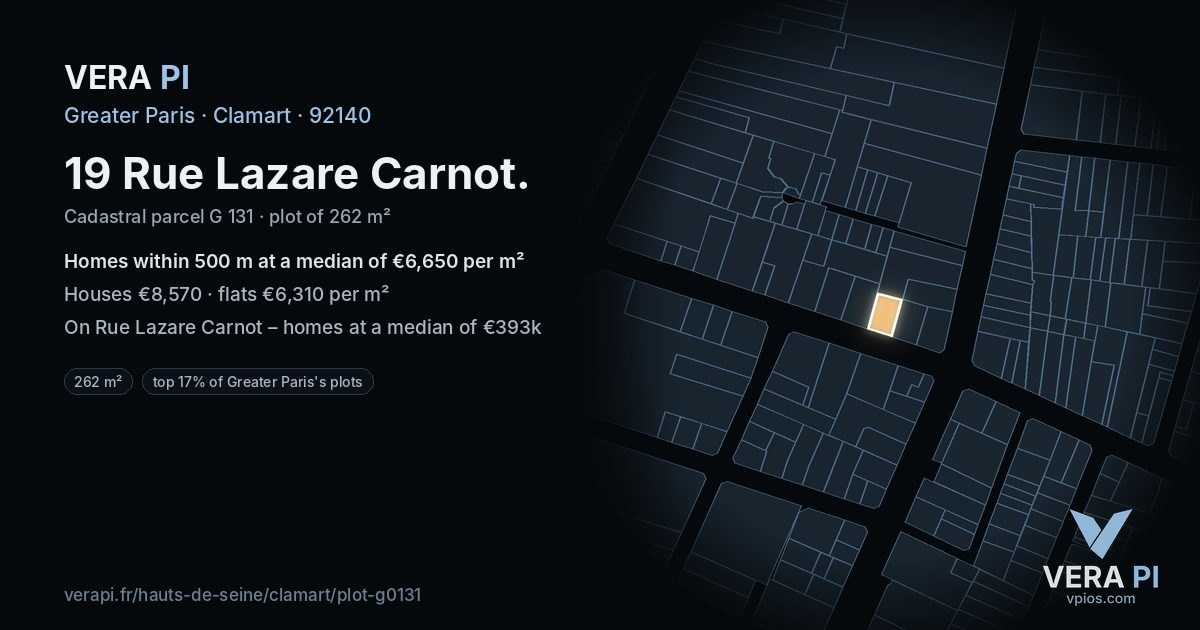 19 Rue Lazare Carnot, Clamart at night – the plot lit, the parcels around coloured by the prices near them