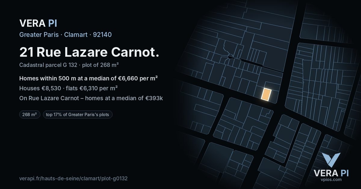 21 Rue Lazare Carnot, Clamart at night – the plot lit, the parcels around coloured by the prices near them