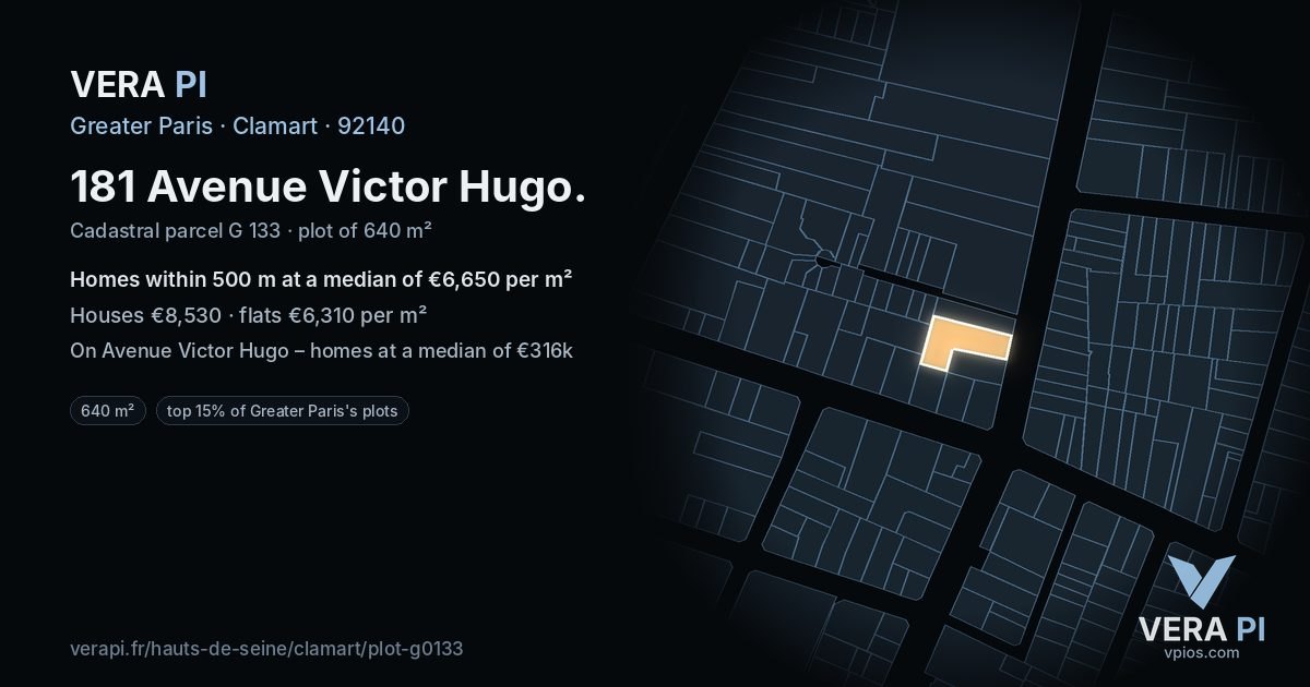 181 Avenue Victor Hugo, Clamart at night – the plot lit, the parcels around coloured by the prices near them