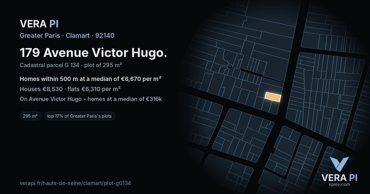 179 Avenue Victor Hugo, Clamart at night – the plot lit, the parcels around coloured by the prices near them