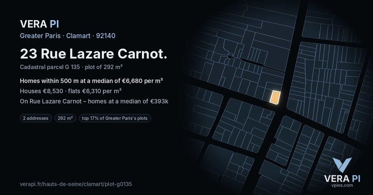 23 Rue Lazare Carnot, Clamart at night – the plot lit, the parcels around coloured by the prices near them