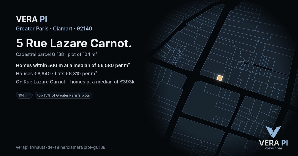 5 Rue Lazare Carnot, Clamart at night – the plot lit, the parcels around coloured by the prices near them