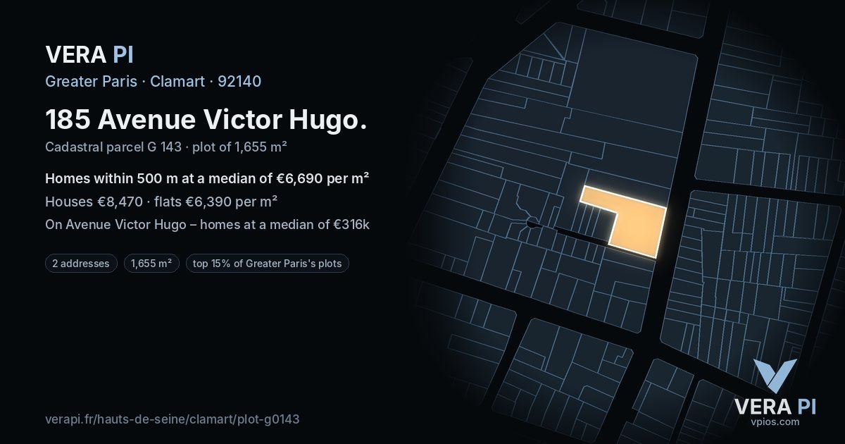185 Avenue Victor Hugo, Clamart at night – the plot lit, the parcels around coloured by the prices near them