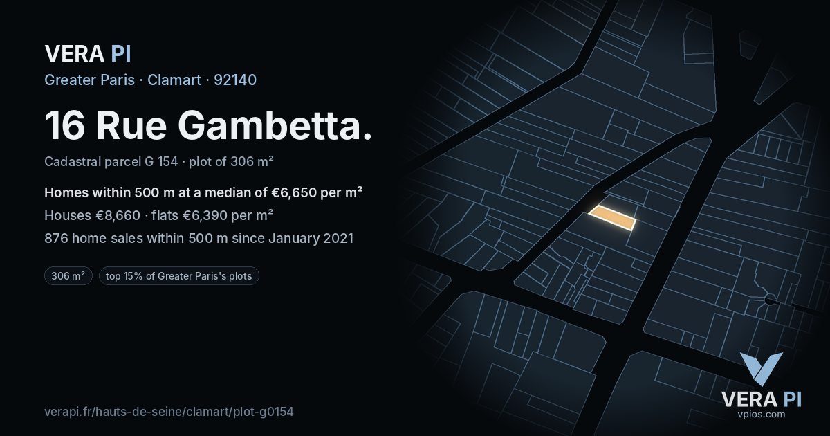16 Rue Gambetta, Clamart at night – the plot lit, the parcels around coloured by the prices near them