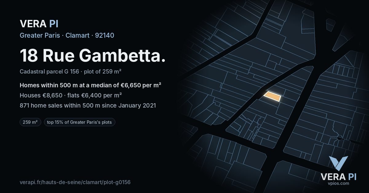 18 Rue Gambetta, Clamart at night – the plot lit, the parcels around coloured by the prices near them