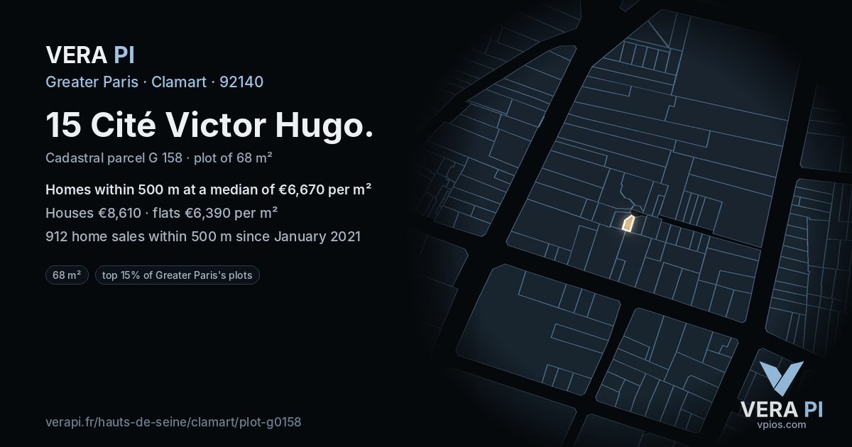 15 Cité Victor Hugo, Clamart at night – the plot lit, the parcels around coloured by the prices near them
