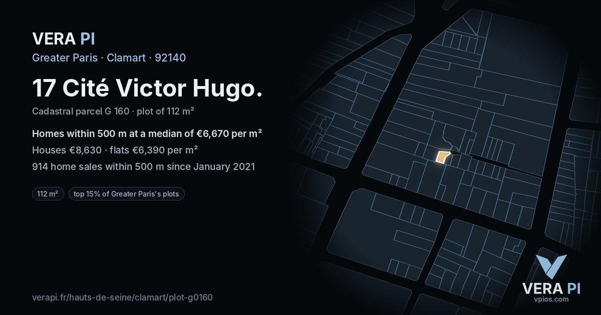 17 Cité Victor Hugo, Clamart at night – the plot lit, the parcels around coloured by the prices near them