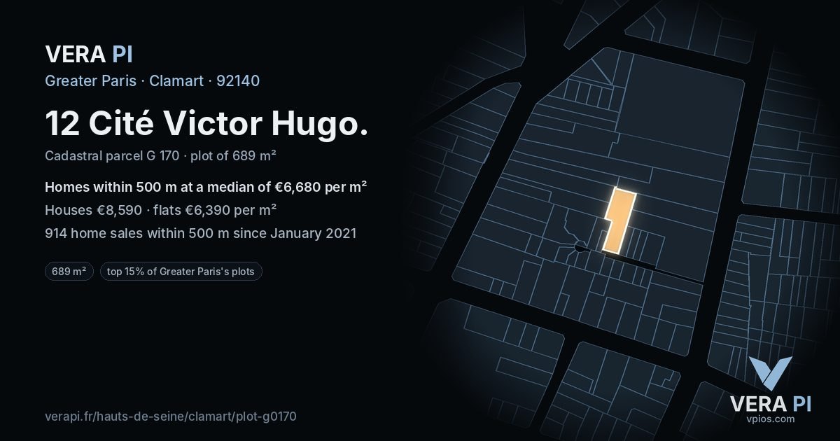12 Cité Victor Hugo, Clamart at night – the plot lit, the parcels around coloured by the prices near them