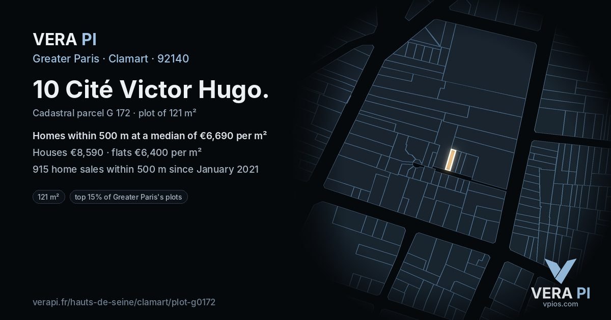 10 Cité Victor Hugo, Clamart at night – the plot lit, the parcels around coloured by the prices near them