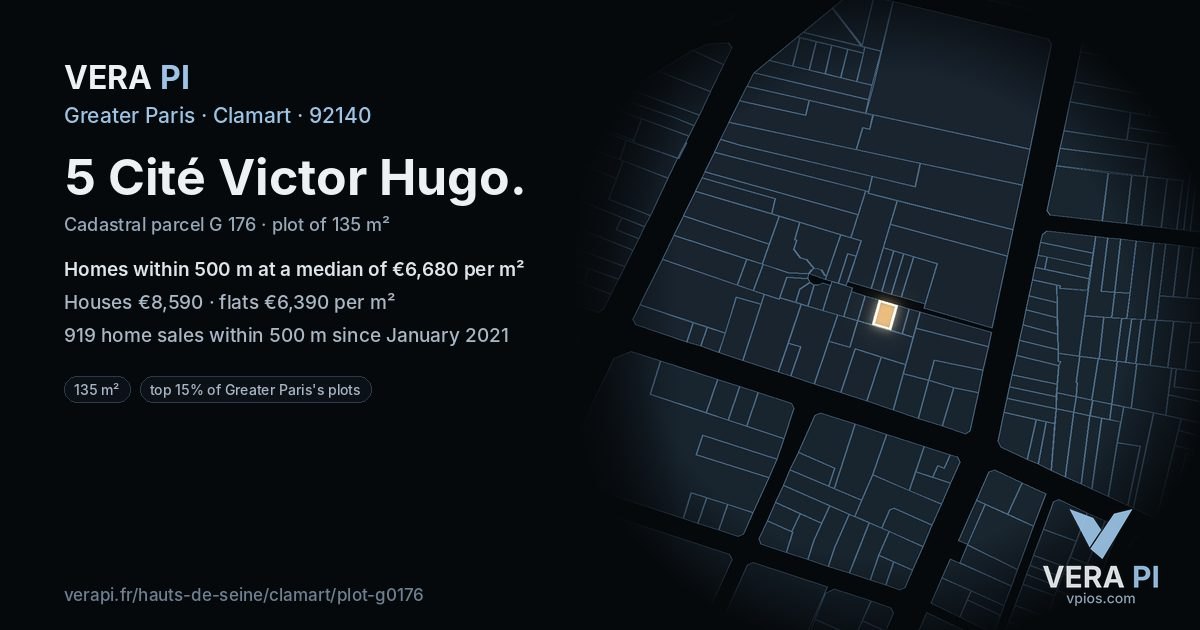 5 Cité Victor Hugo, Clamart at night – the plot lit, the parcels around coloured by the prices near them