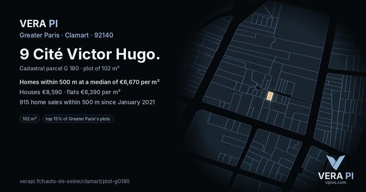 9 Cité Victor Hugo, Clamart at night – the plot lit, the parcels around coloured by the prices near them