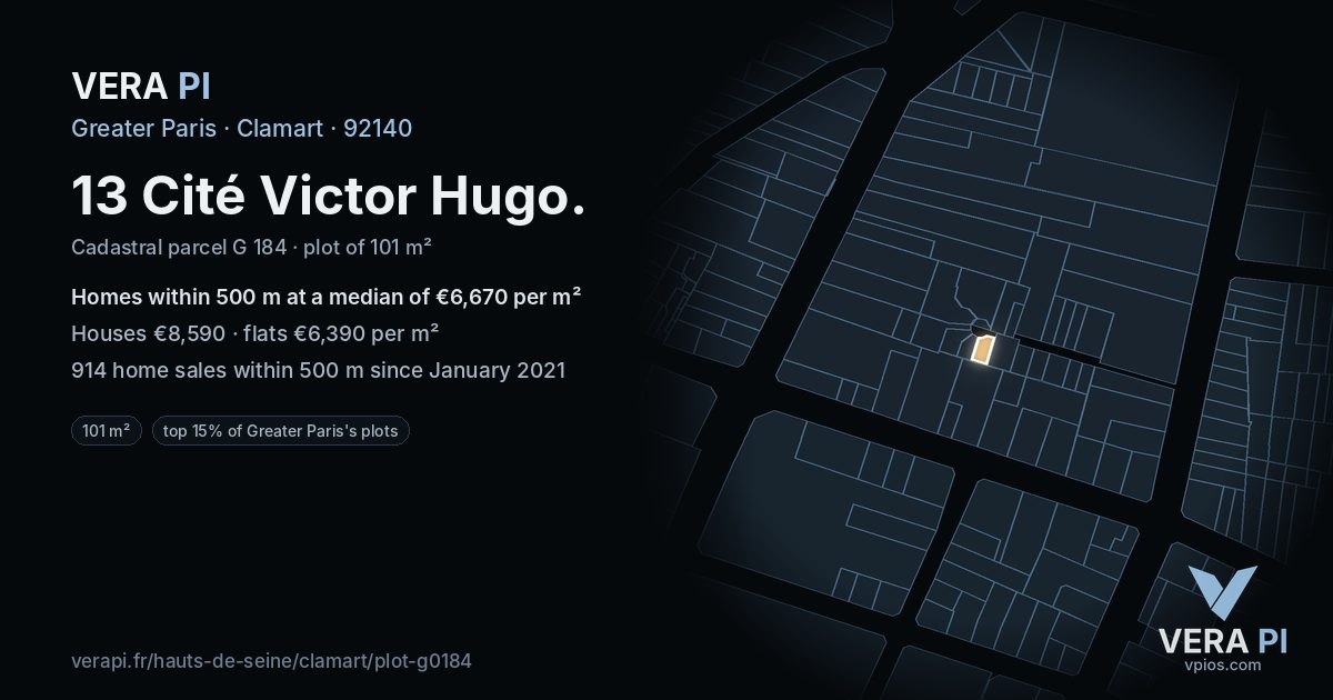 13 Cité Victor Hugo, Clamart at night – the plot lit, the parcels around coloured by the prices near them