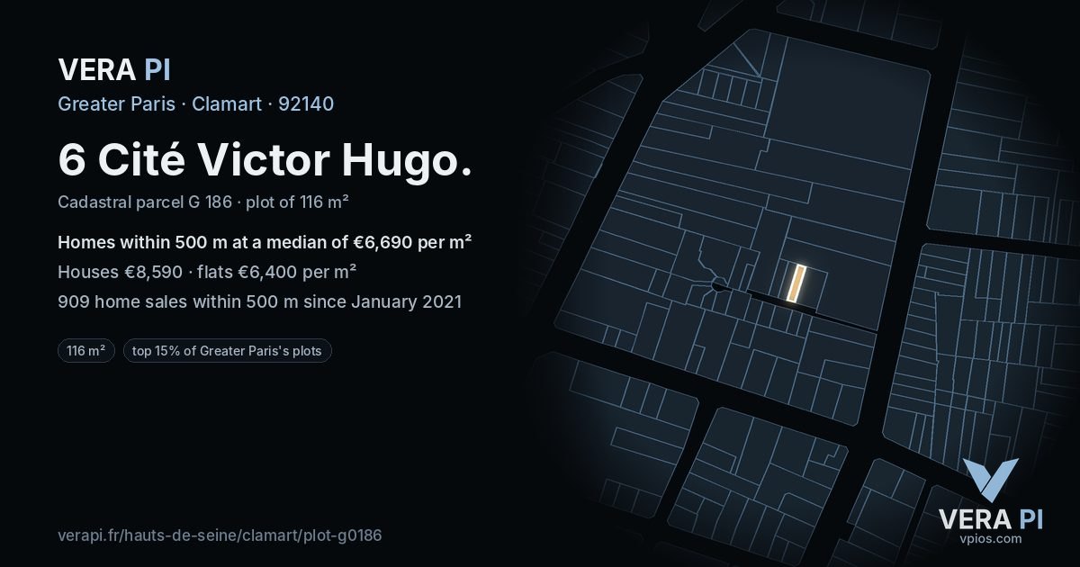 6 Cité Victor Hugo, Clamart at night – the plot lit, the parcels around coloured by the prices near them