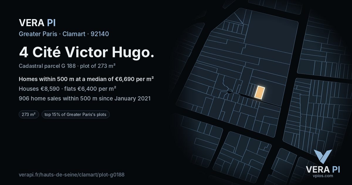 4 Cité Victor Hugo, Clamart at night – the plot lit, the parcels around coloured by the prices near them