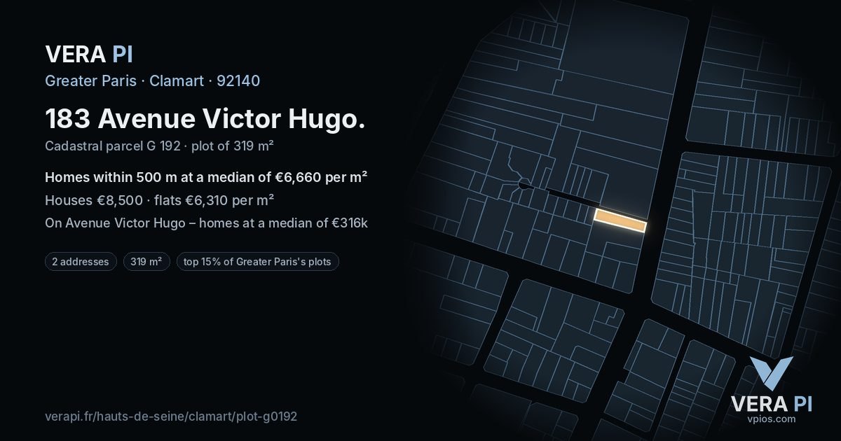 183 Avenue Victor Hugo, Clamart at night – the plot lit, the parcels around coloured by the prices near them