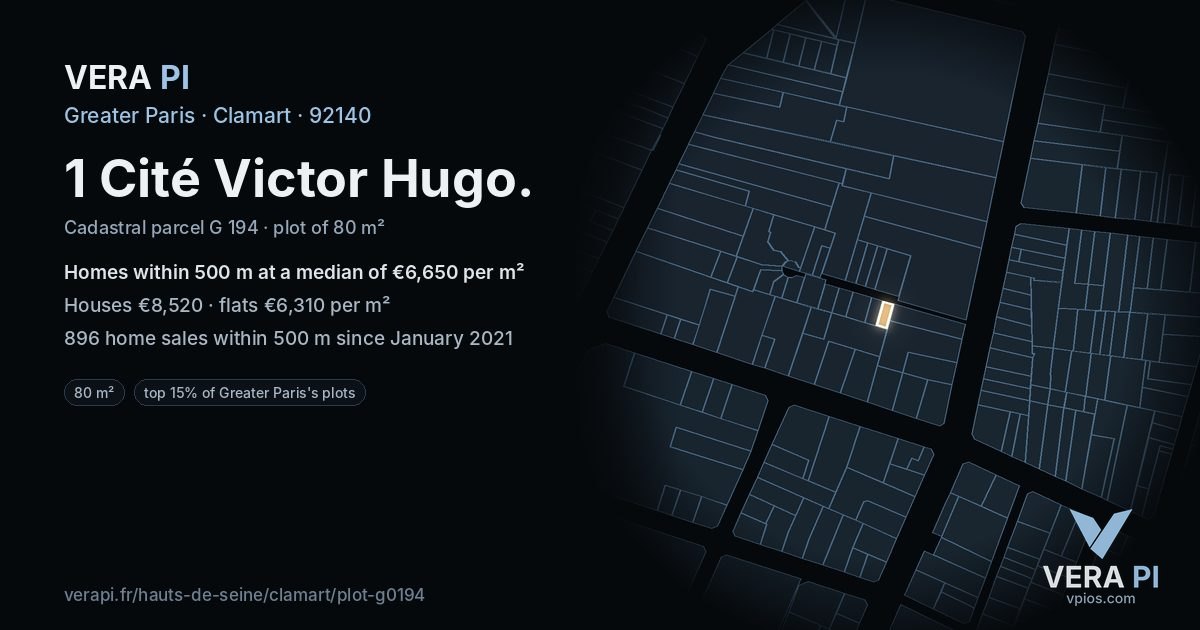 1 Cité Victor Hugo, Clamart at night – the plot lit, the parcels around coloured by the prices near them