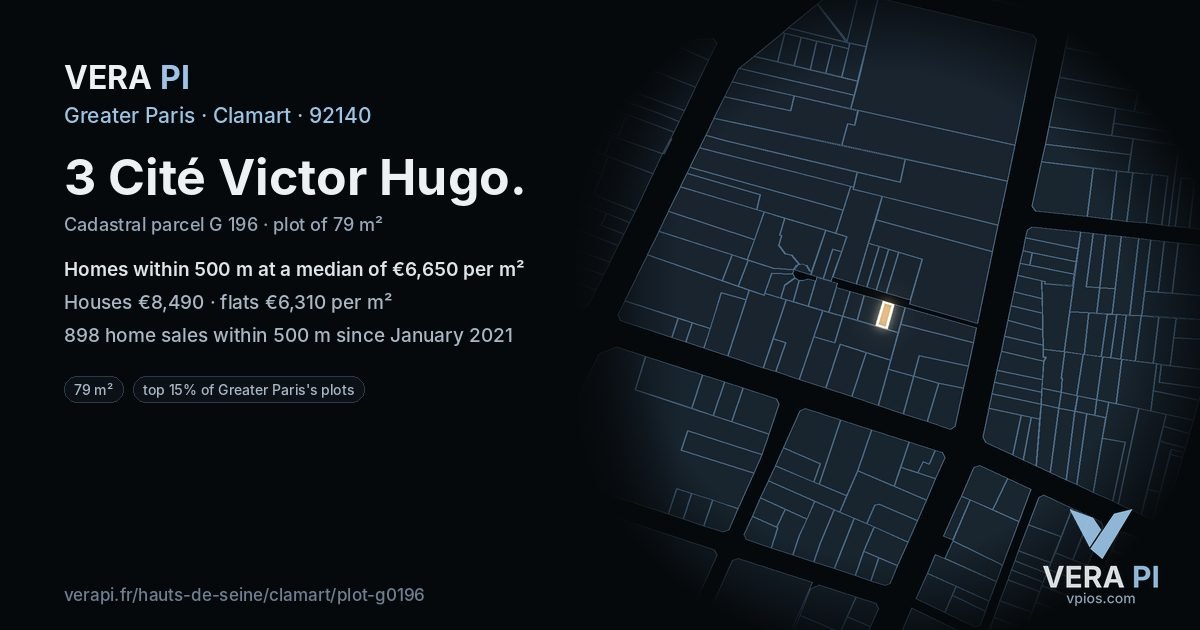 3 Cité Victor Hugo, Clamart at night – the plot lit, the parcels around coloured by the prices near them