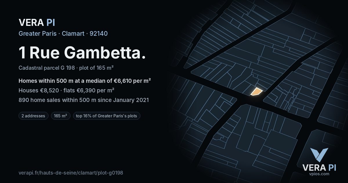 1 Rue Gambetta, Clamart at night – the plot lit, the parcels around coloured by the prices near them