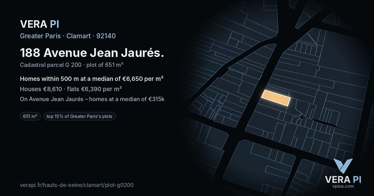 188 Avenue Jean Jaurés, Clamart at night – the plot lit, the parcels around coloured by the prices near them