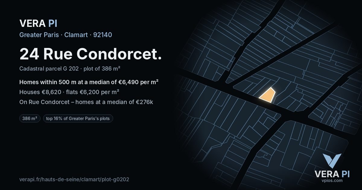 24 Rue Condorcet, Clamart at night – the plot lit, the parcels around coloured by the prices near them