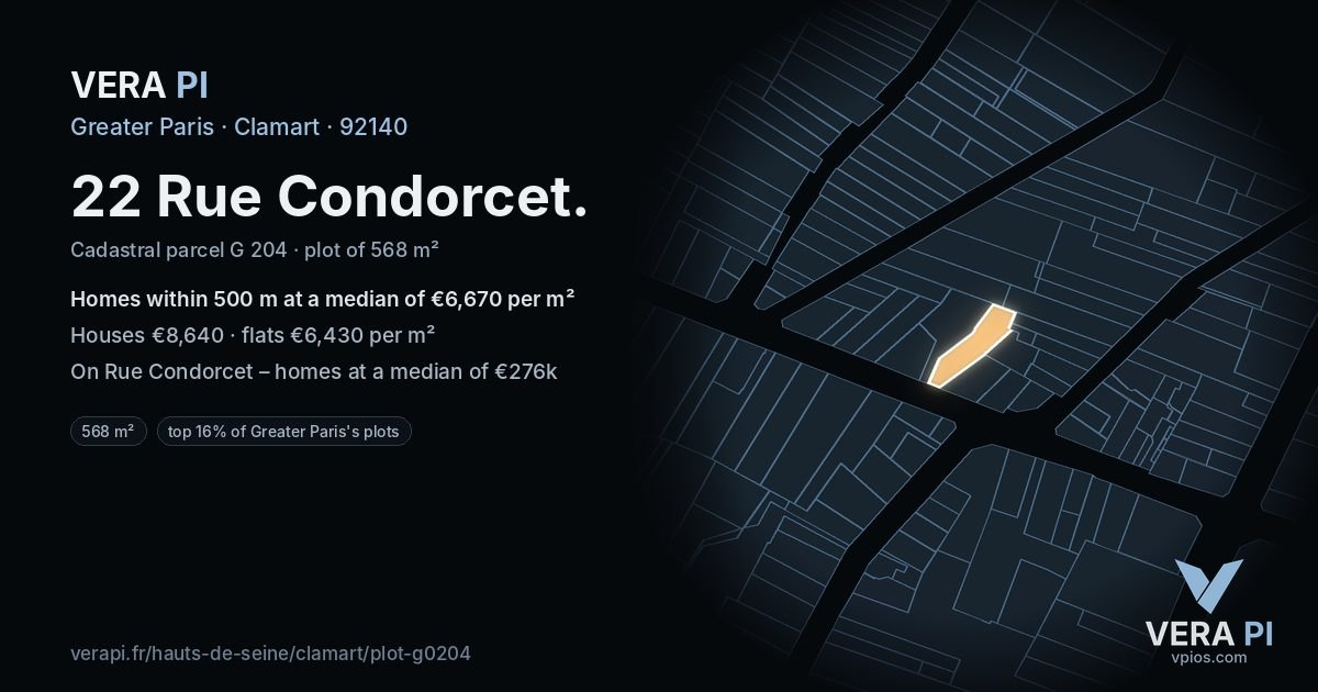 22 Rue Condorcet, Clamart at night – the plot lit, the parcels around coloured by the prices near them