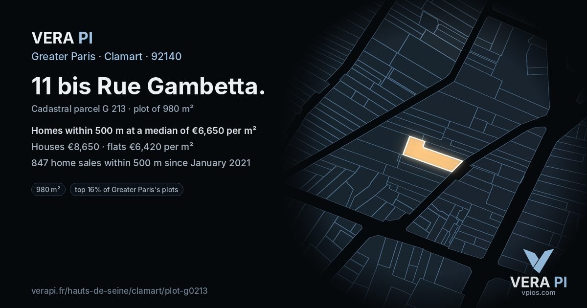 11 bis Rue Gambetta, Clamart at night – the plot lit, the parcels around coloured by the prices near them