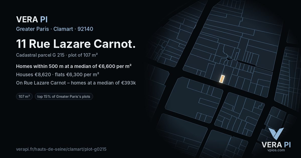 11 Rue Lazare Carnot, Clamart at night – the plot lit, the parcels around coloured by the prices near them