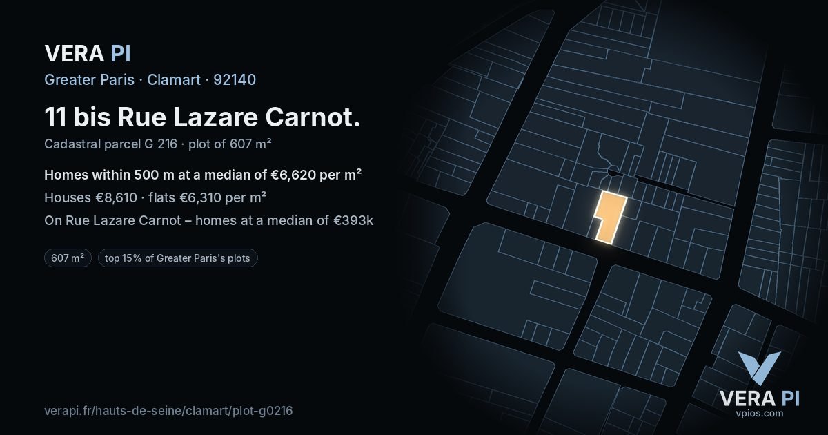 11 bis Rue Lazare Carnot, Clamart at night – the plot lit, the parcels around coloured by the prices near them