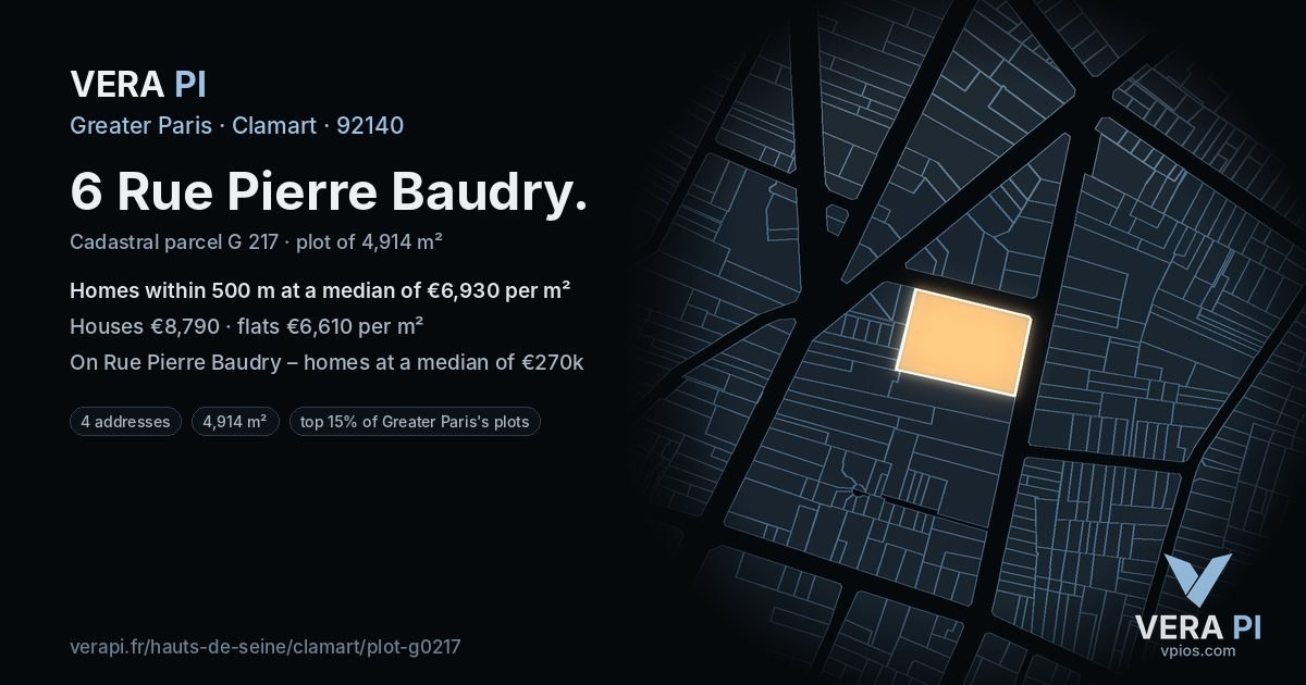 6 Rue Pierre Baudry, Clamart at night – the plot lit, the parcels around coloured by the prices near them