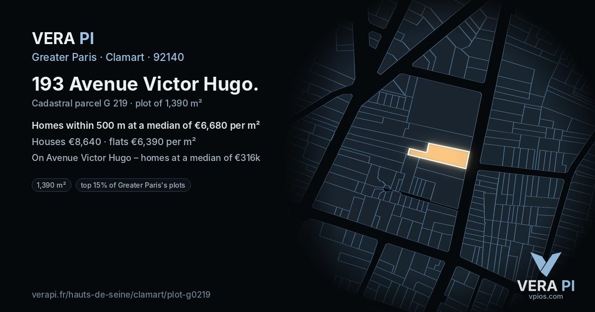 193 Avenue Victor Hugo, Clamart at night – the plot lit, the parcels around coloured by the prices near them