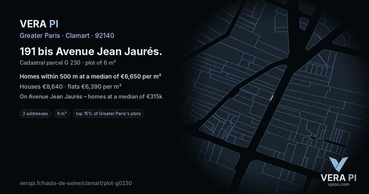 191 bis Avenue Jean Jaurés, Clamart at night – the plot lit, the parcels around coloured by the prices near them
