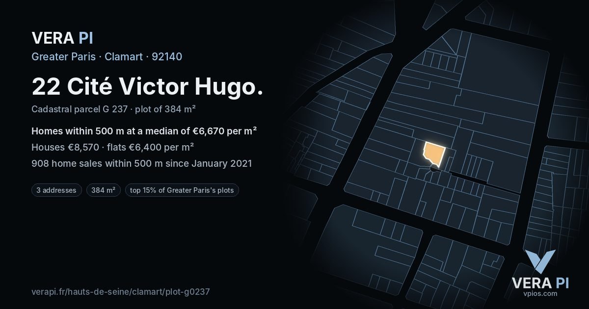 22 Cité Victor Hugo, Clamart at night – the plot lit, the parcels around coloured by the prices near them