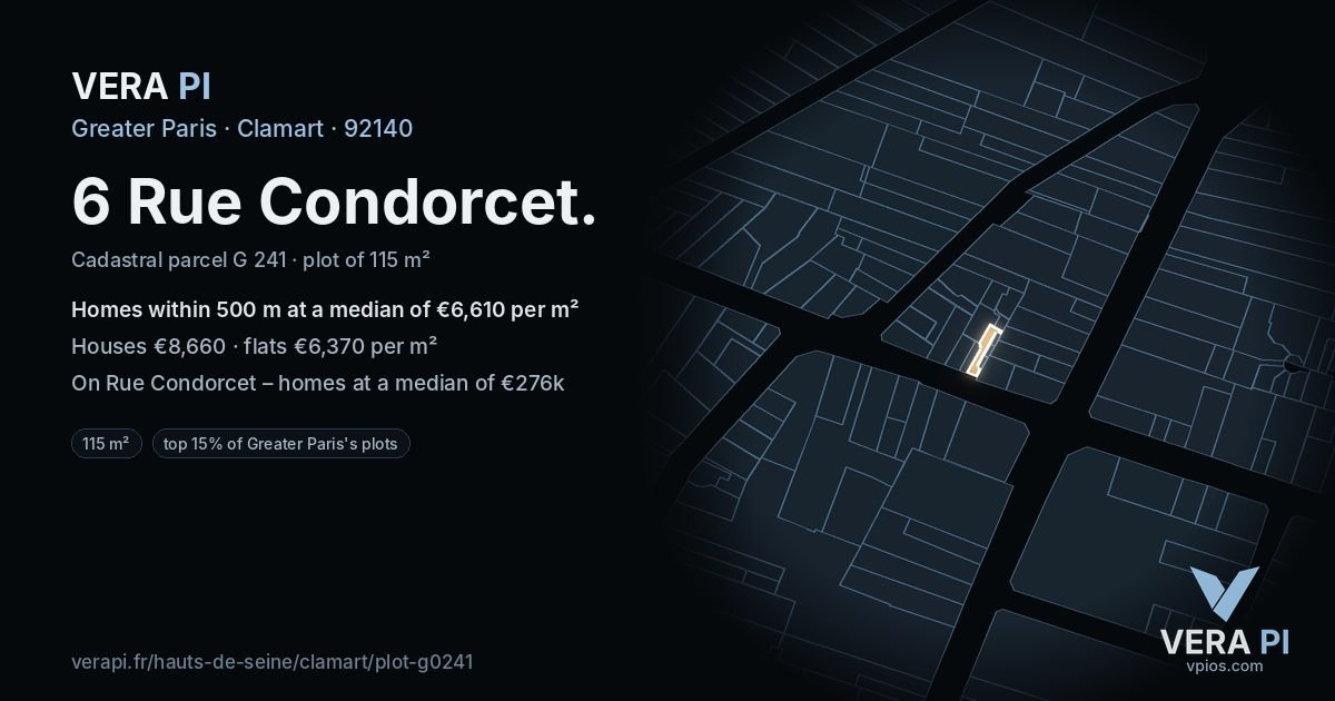 6 Rue Condorcet, Clamart at night – the plot lit, the parcels around coloured by the prices near them
