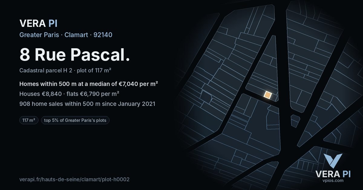 8 Rue Pascal, Clamart at night – the plot lit, the parcels around coloured by the prices near them