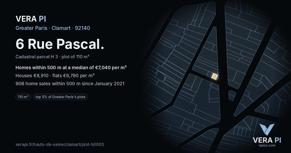 6 Rue Pascal, Clamart at night – the plot lit, the parcels around coloured by the prices near them