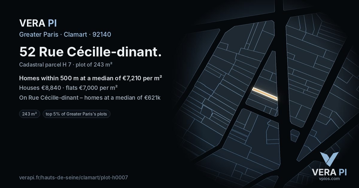 52 Rue Cécille-dinant, Clamart at night – the plot lit, the parcels around coloured by the prices near them
