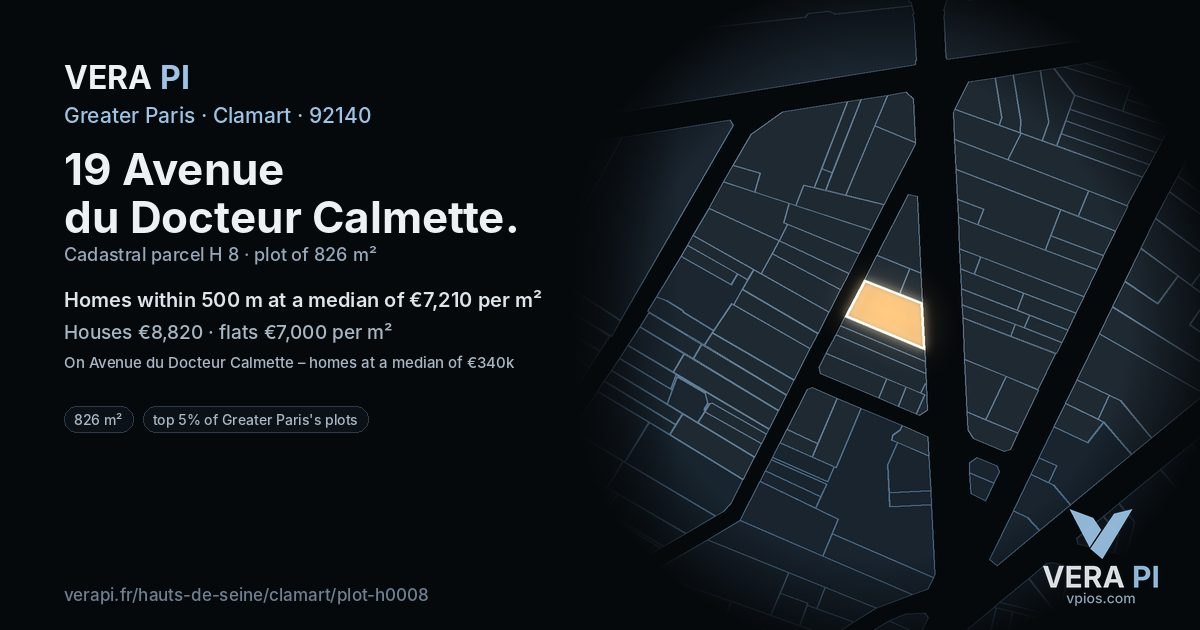 19 Avenue du Docteur Calmette, Clamart at night – the plot lit, the parcels around coloured by the prices near them