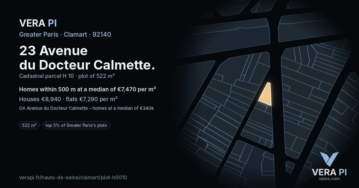 23 Avenue du Docteur Calmette, Clamart at night – the plot lit, the parcels around coloured by the prices near them
