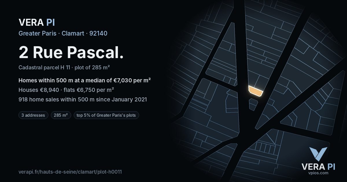 2 Rue Pascal, Clamart at night – the plot lit, the parcels around coloured by the prices near them