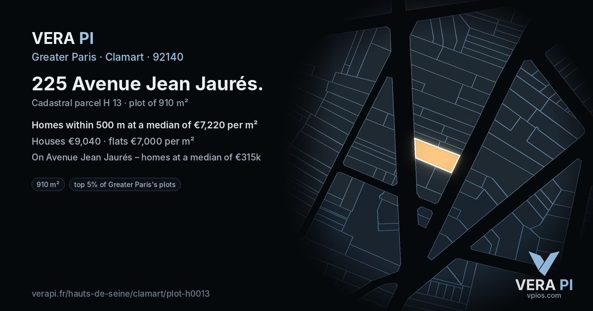 225 Avenue Jean Jaurés, Clamart at night – the plot lit, the parcels around coloured by the prices near them