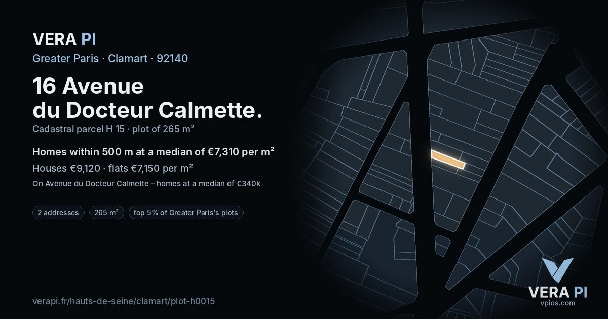 16 Avenue du Docteur Calmette, Clamart at night – the plot lit, the parcels around coloured by the prices near them
