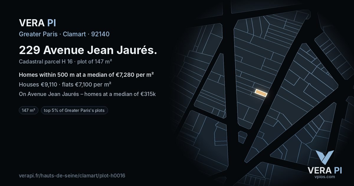 229 Avenue Jean Jaurés, Clamart at night – the plot lit, the parcels around coloured by the prices near them