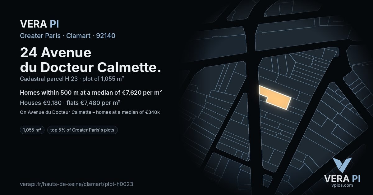 24 Avenue du Docteur Calmette, Clamart at night – the plot lit, the parcels around coloured by the prices near them